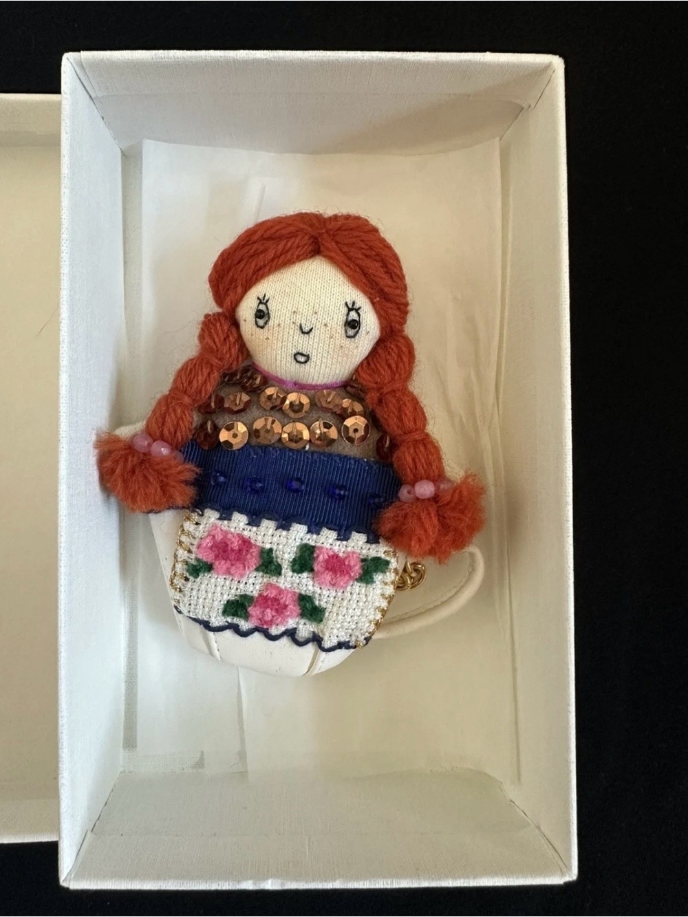 Muveil Girl in a Tea Cup Redhead Doll charm Keychain Pin Embroidered Floral